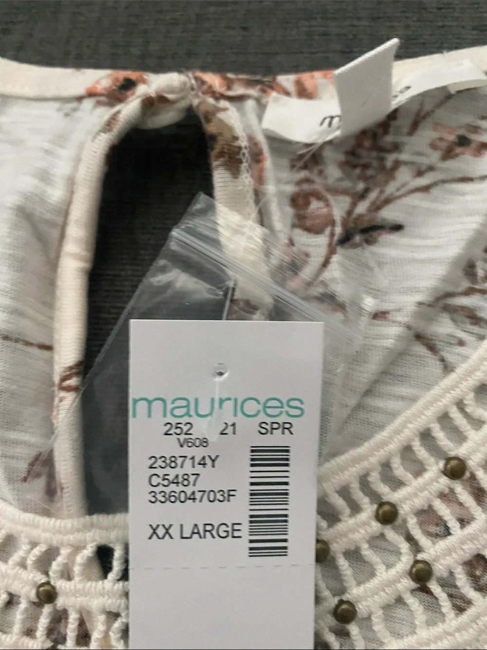 Maurices Cream Tank Top with Brown Floral Print and Crochet Yoke